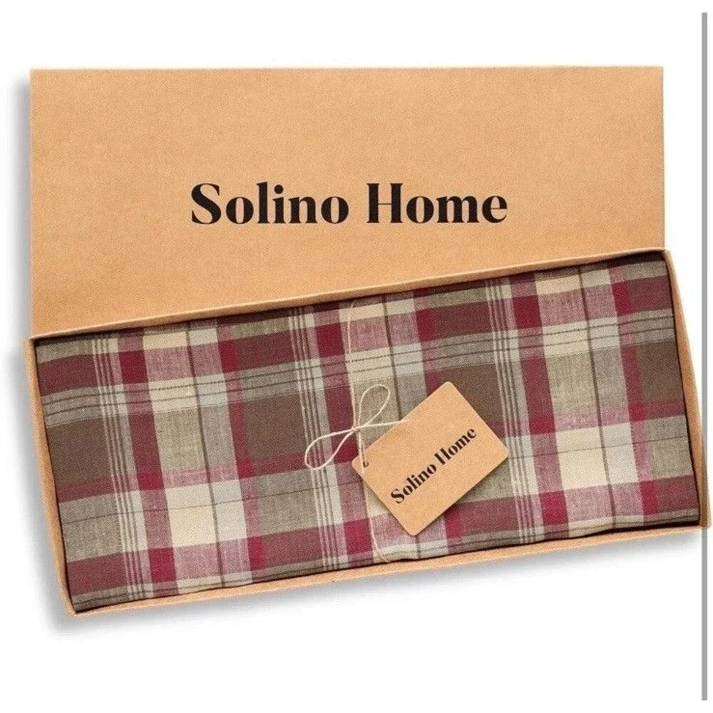 Solino Home 100% Pure Linen Table Runner Fall Dining Party Burgundy Plaid 14x60